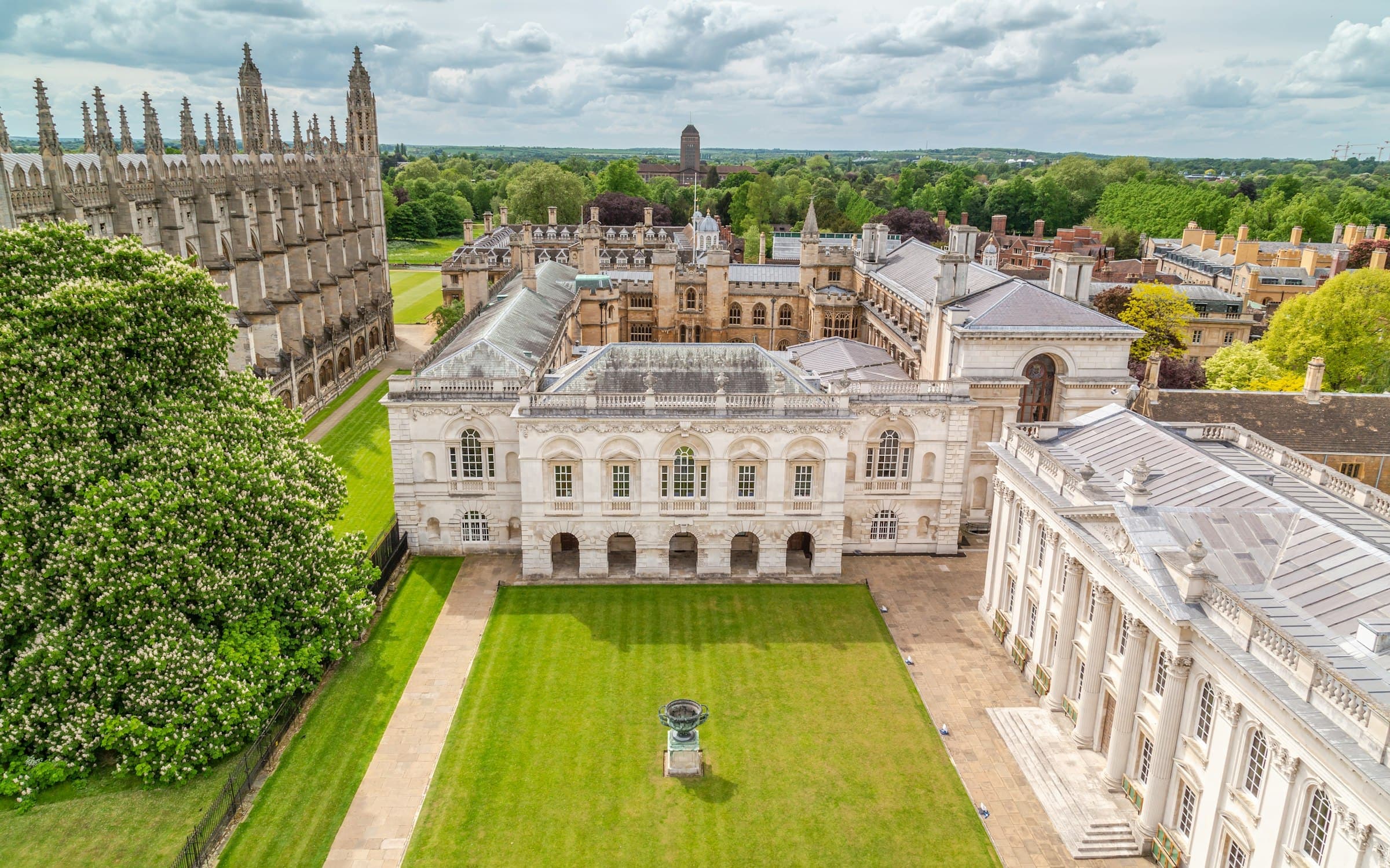 Aerial view of the colleges and lawns of Cambridge